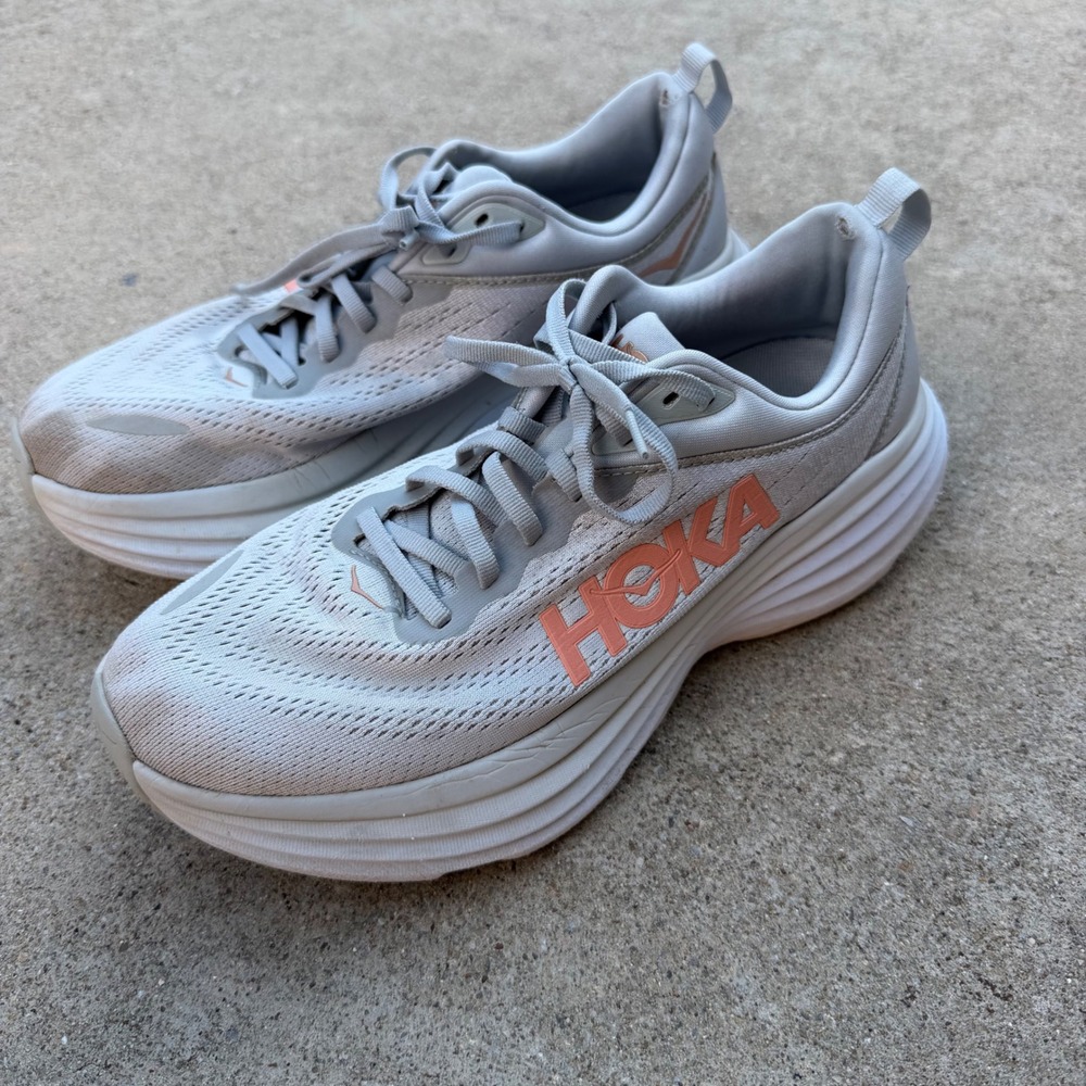 Hoka Bondi 8 Running Shoes Womens 9B Grey Peach Athletic Walking Sneakers